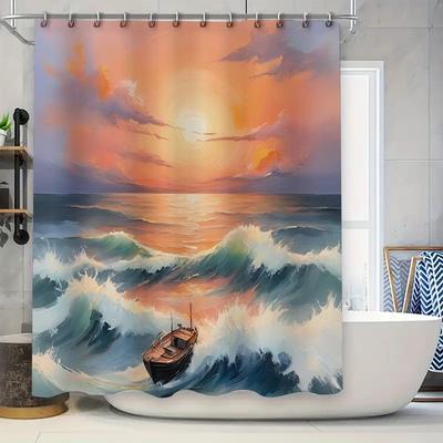 Shower Curtain Sunset Ocean Waves Print Waterproof Bathroom Decor Shower Liner Privacy Cover Pink Sunlight Blue Green Colorful A
