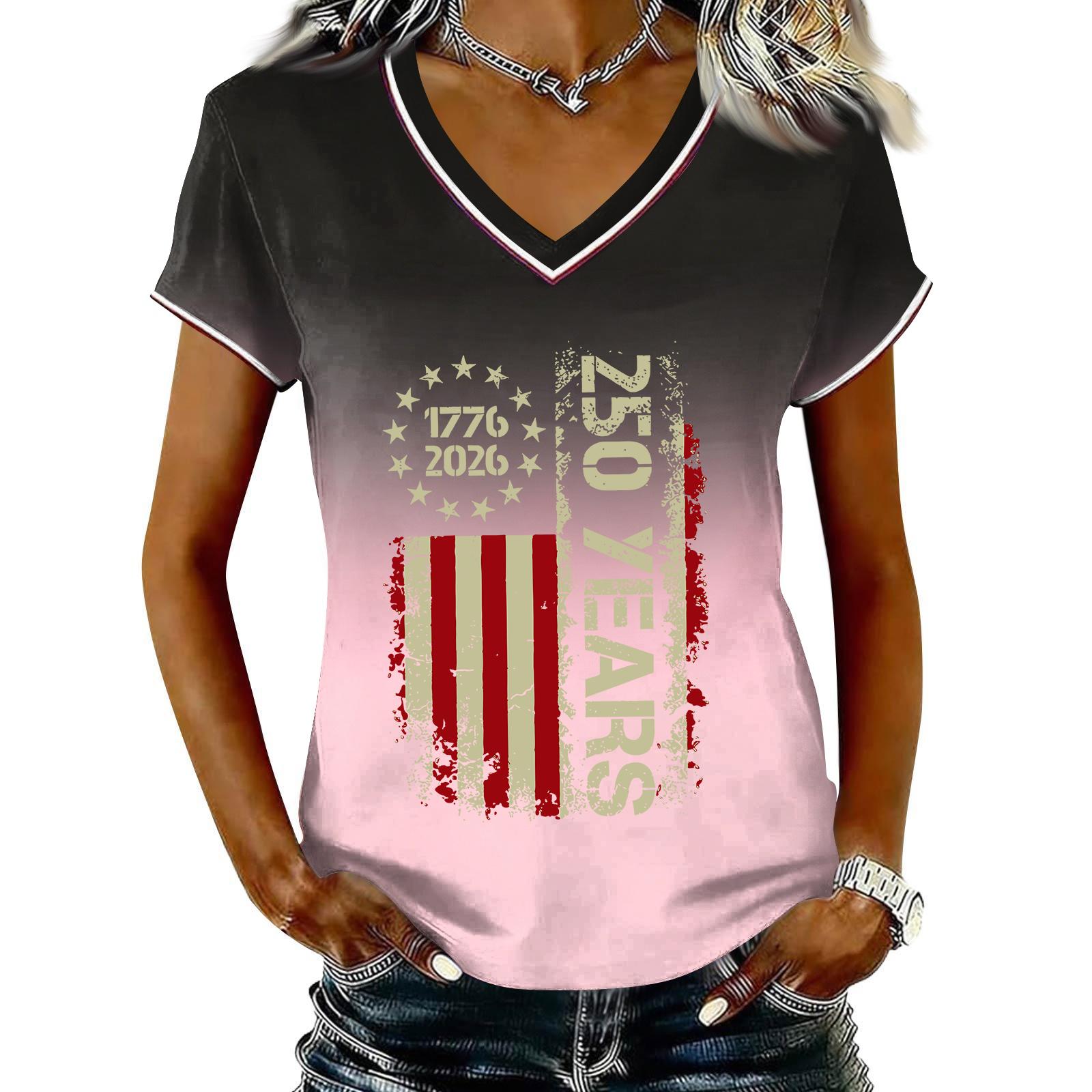 

Womens Casual V Neck Short Sleeve Pullover T Shirt Gradient Print Independence Day Graphic Top Lightweight Comfortable Fit L