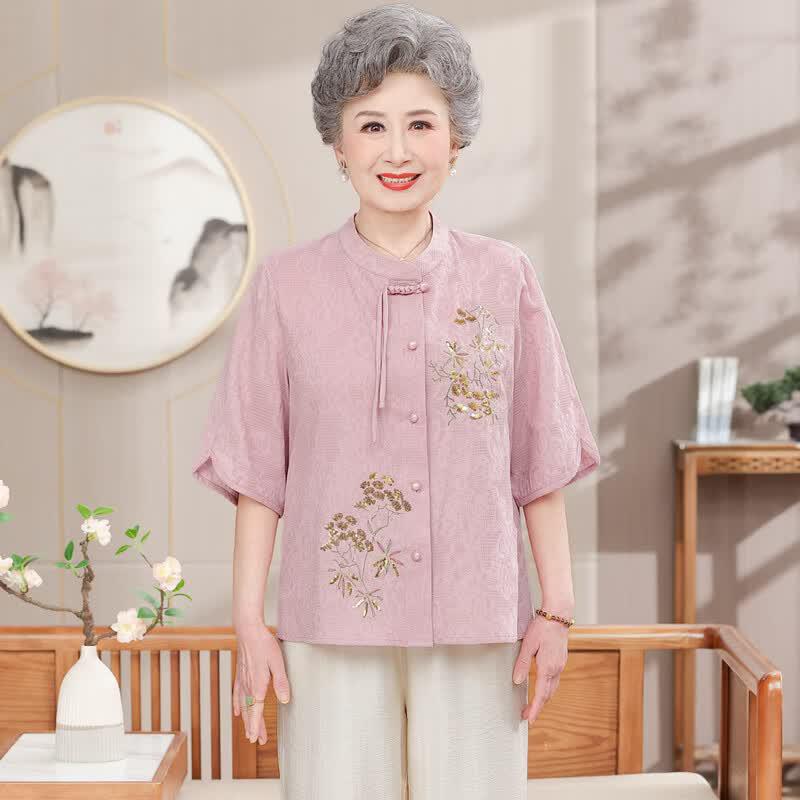 Yuzhaolin New Chinese Style Embroidered Short Sleeve Set for Elder Women