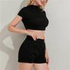 Ensemble de Sport confortable et Sexy pour femmes, couleur unie, col rond, manches courtes, haut court, taille haute, pantalon