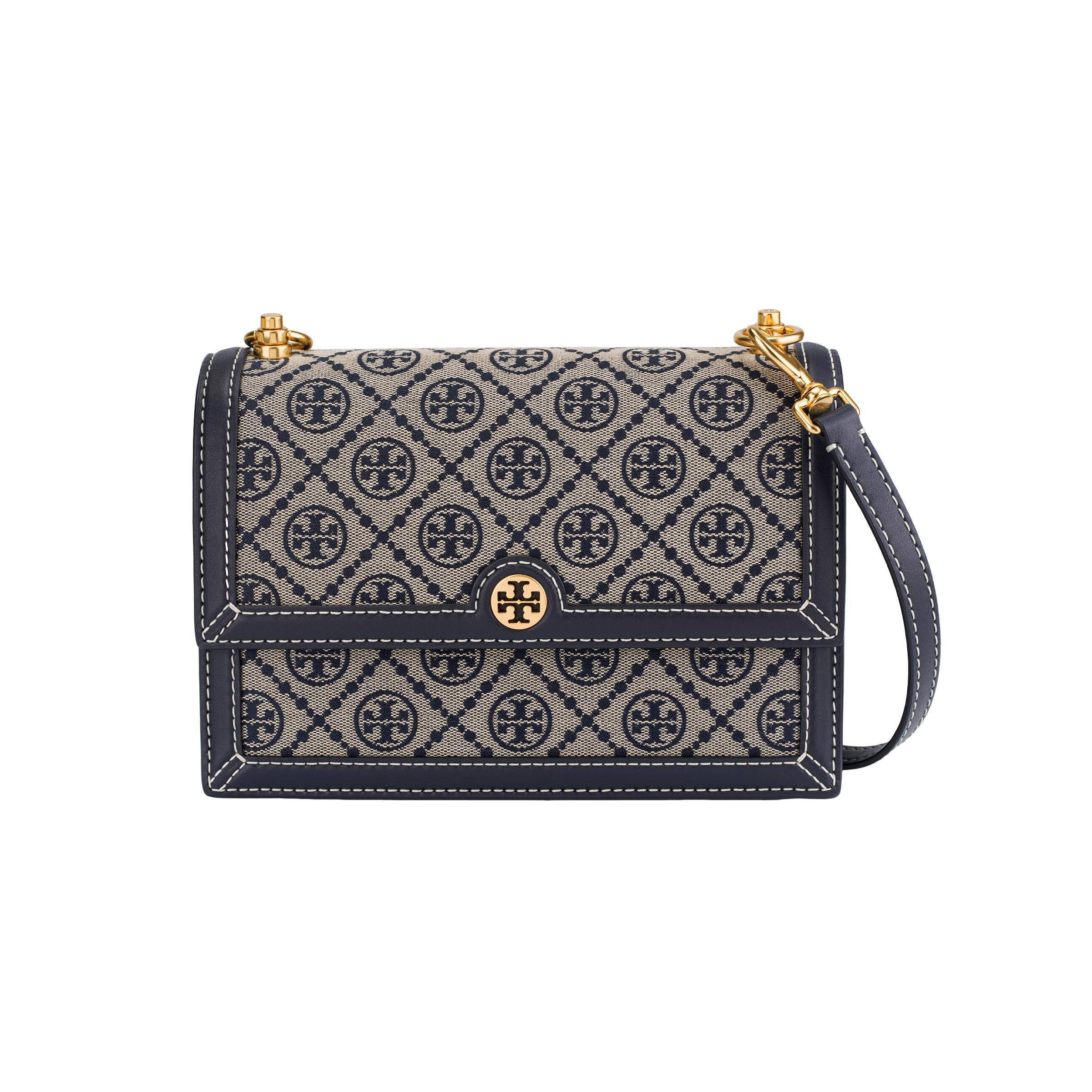 Tory Burch Women's Blue T Monogram Double T Logo All Over Print Fabric And Leather Crossbody Shoulder Bag Small Bags Navy- 135845-405