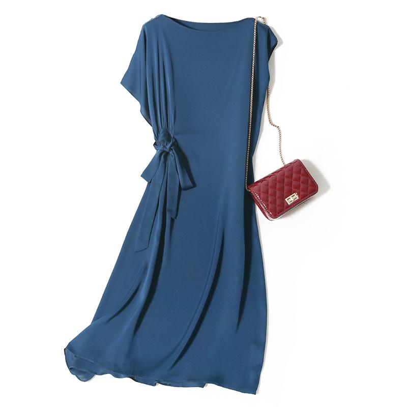 

Платье-галстук из тяжелого шелка тутового дерева 22 мм - Французская приталенная юбка А-силуэта для женщин L бирюзовый синий