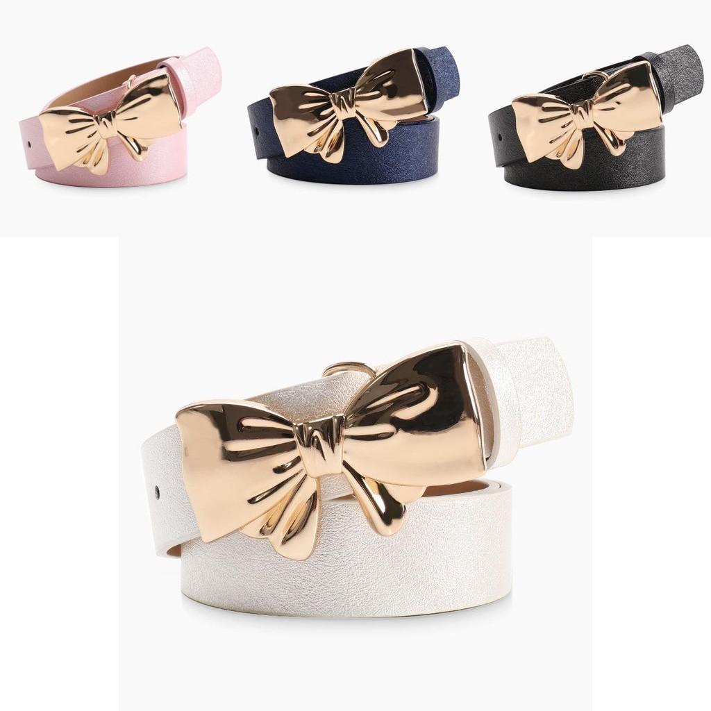 Pu Leather Womens Belt With Metal Bow Knot Buckle For Casual And Office Style