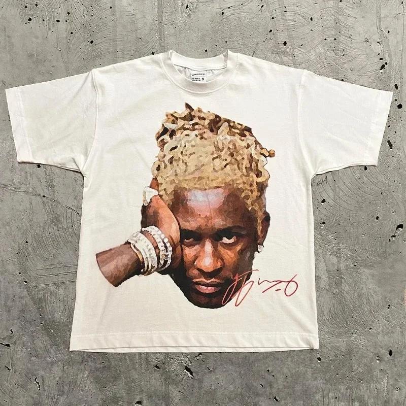 American Trendy Hip Hop Street Style T-Shirt Unisex Celebrity Portrait Print Tee Kanye Photo Top  Sport Loose Streetwear Teess