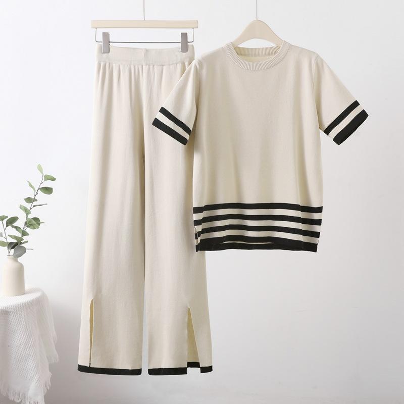 

Fashion Suit Temperament Striped Split Short-sleeved Knitted Sweater High-waisted Wide-leg Pants Casual Two-piece Set one size абрикосовый