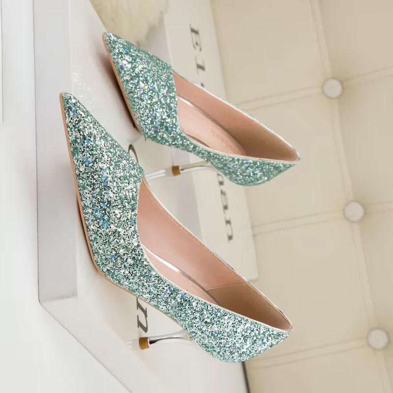 Fashion Sequins Kitten Heels Fashion Woman Pumps Pointed Toe Heeled Shoes Stiletto Heels 2024 New Heeled Shoes Sliver Gold Wedding Shoes