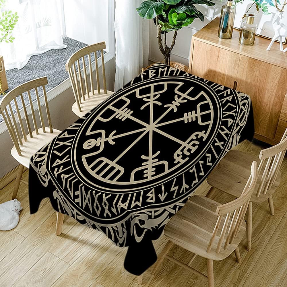 

WONDERTIFY Скатерть Викинг Магический Рунический Компас Вегвизир Скандинавские Руны Драконы Прямоугольная Защитная Скатерть Непромокаемая Скатерть Черная