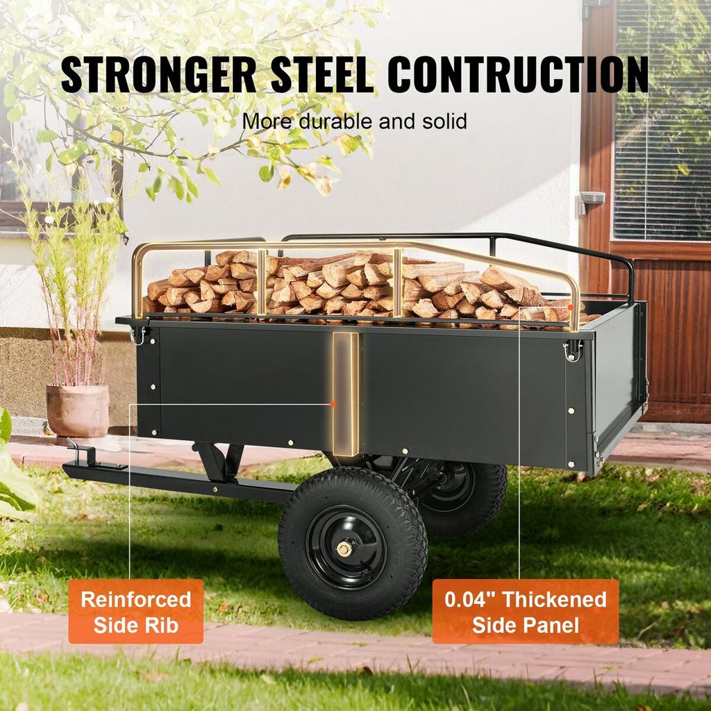 Heavy Duty ATV Trailer Steel Dump Cart, 750-Pound 15 Cubic Feet, Garden Utility Trailer with Removable Sides for Riding Lawn Mower Tractor