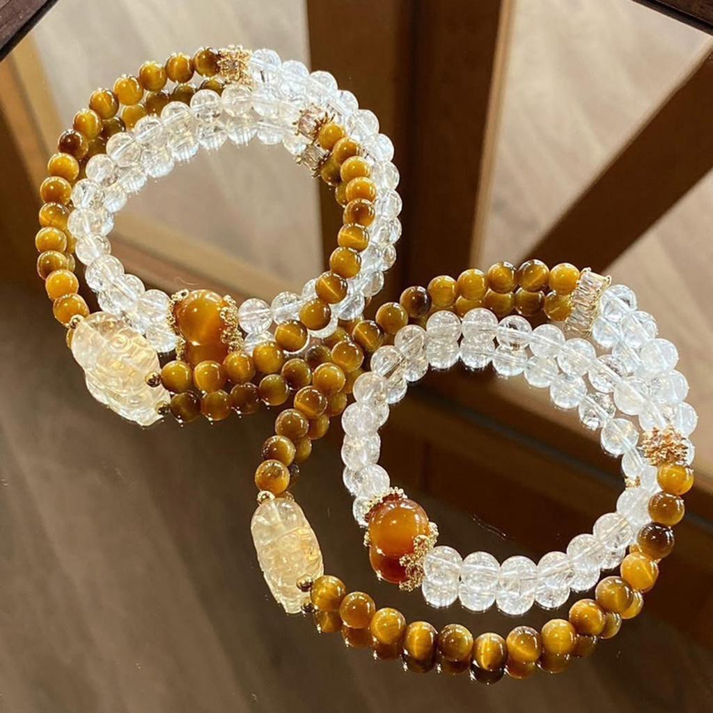 Tiger Eye White Crystal Flower Card Double Ring Bracelet Tiger Eye White Crystal Pixiu Double Ring Bracelet Dopamine