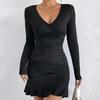 European and American women's clothing autumn and winter slim-fit hip-wrapped ruffle temperament commuting sexy long-sleeved dress