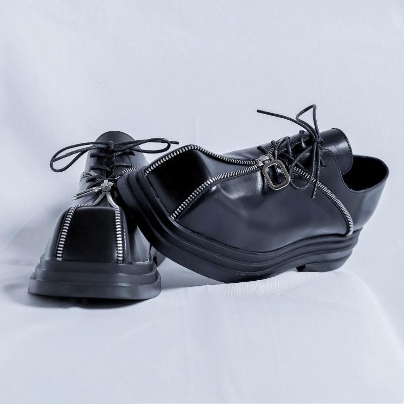 Men's Thick Sole Square Toe Leather Shoes with Height Boost & Zipper Design - Punk Style 60702-R