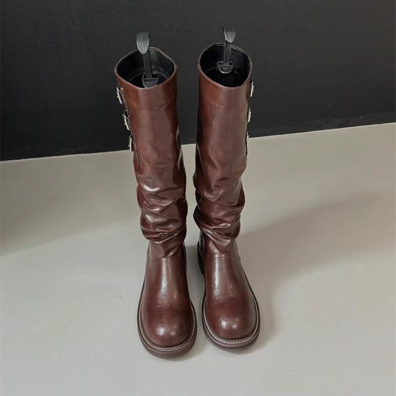 

Thick heel brown stack locomotive long boots women s shoes 2025 new autumn and winter retro mid tube knight boots 40
