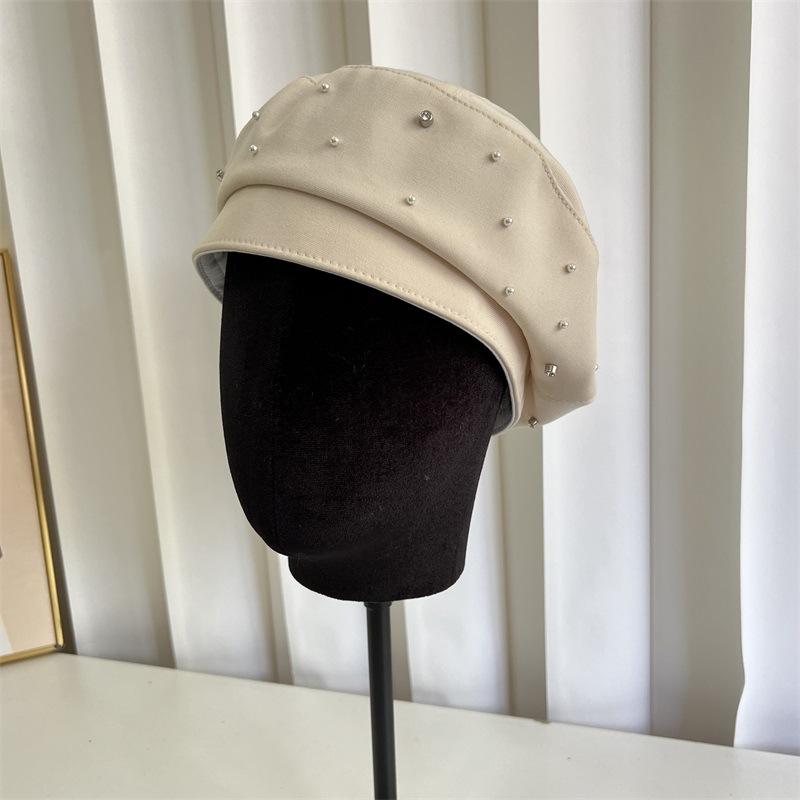 

Берет с жемчужными стразами, женский, модный, универсальный, с темпераментом, шляпа-бутон, ретро, шляпа маленького художника M（56-58cm） бежевый