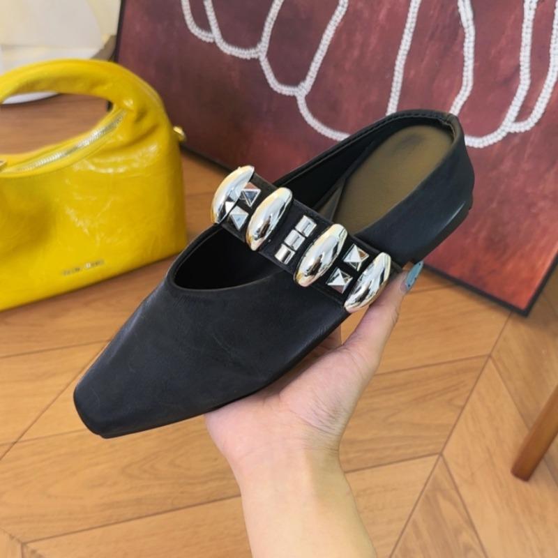 Fashion French Temperament Baotou Rivet Shoes Women's One Foot Metal Buckle Square Toe Half Slippers  Height Increasing Sandals
