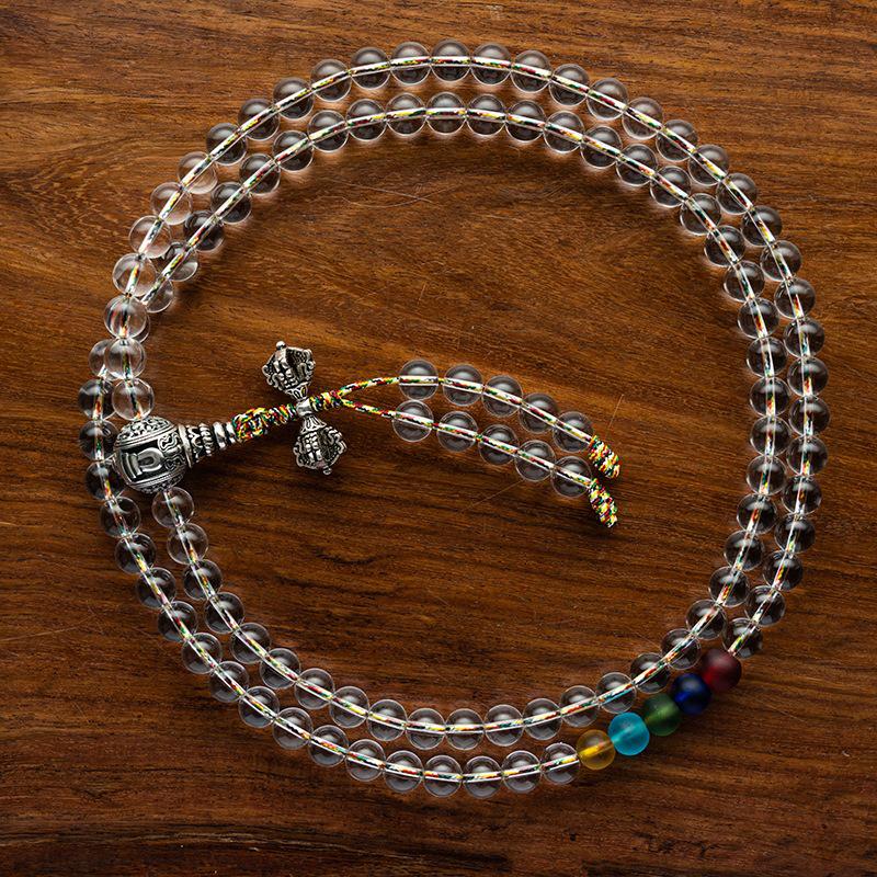 8-12mm White Crystal Buddhist Beads with Glass Rosary & Vajra Accessories.