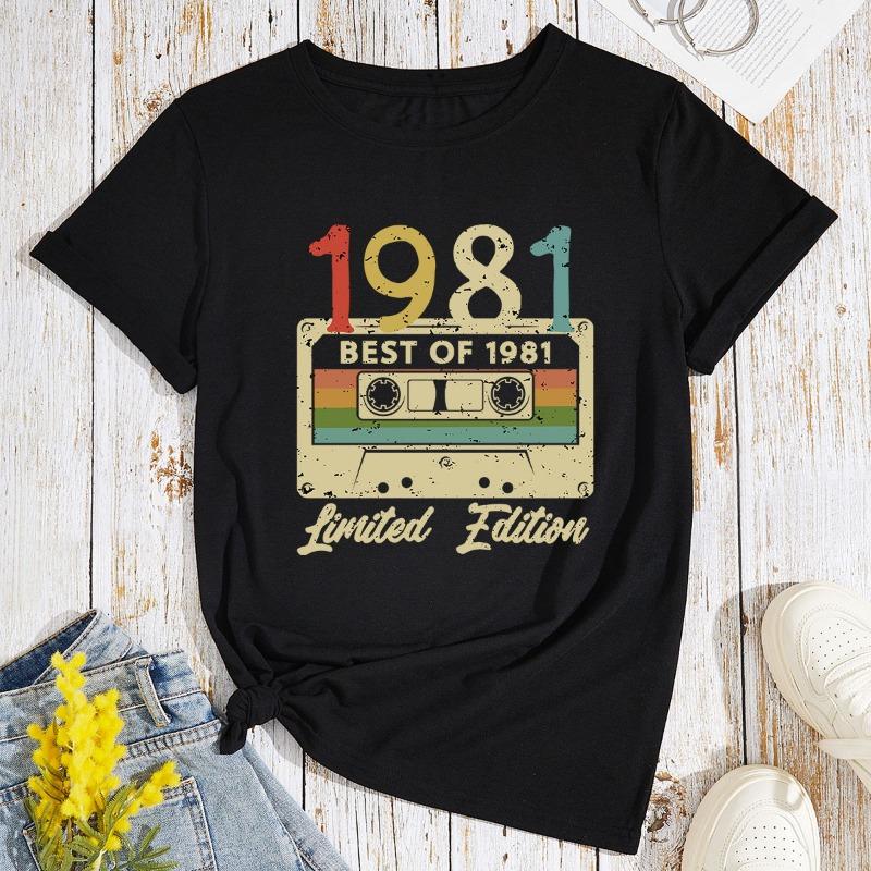 Women's 1981 Cassette Printed Loose Round Neck Short Sleeved T-shirt for Women Shirt
