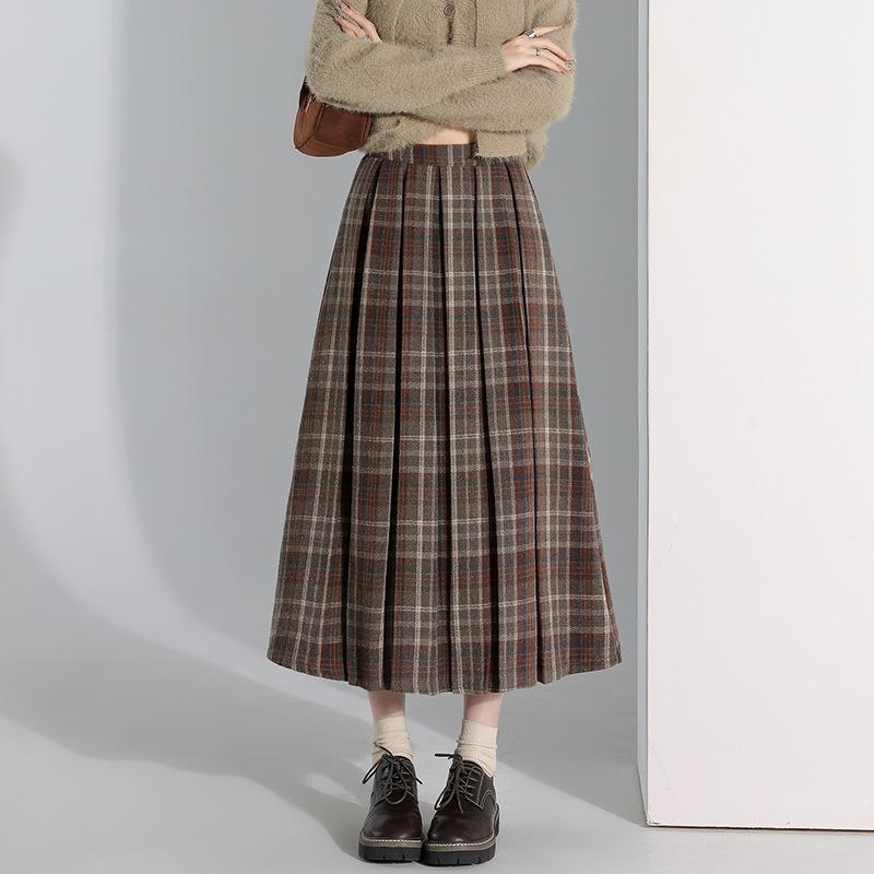 Plaid Woolen Pleated Skirt Women's 2026 Autumn and Winter Retro Elastic Waist Skirt Medium and Long A-shaped Umbrella Skirt