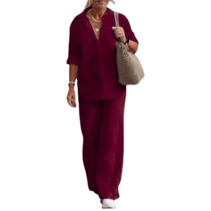 Women's  Linen Two Piece Set Casual Button Down Shirt Wide Leg Pants Outfit