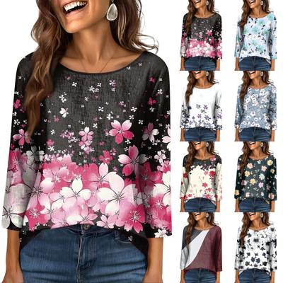 Modisches lässiges Rundhals-T-Shirt-Oberteil für Damen mit 3/4-Ärmeln und Aufdruck