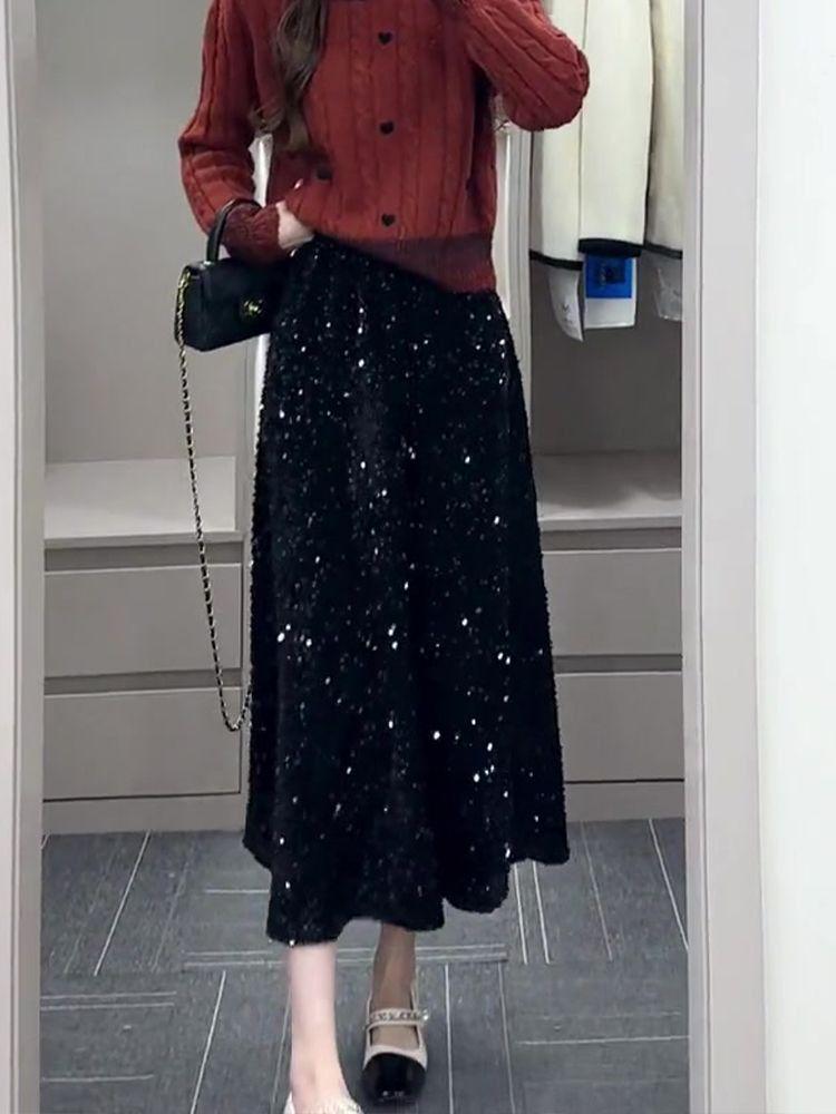 Women's Black Sequined Velvet Midi Skirt - Fashionable and Elegant for Spring and Autumn