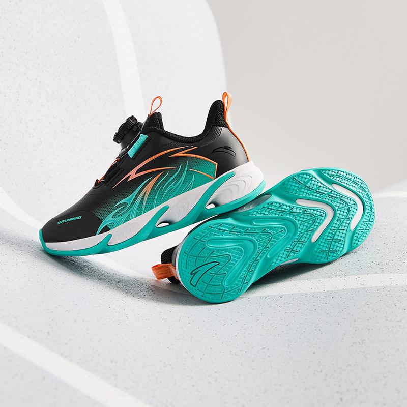 Anta Kids Synthetic Leather Trendy Versatile Lightweight Shock Absorbing Low Top Running Shoes Kids Sneakers Black Green Orange A12439912N-1