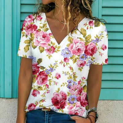 Neues Damen-T-Shirt mit Blumenmuster in Übergröße, trendiges Kurzarmshirt mit Oversize-Ausschnitt und V-Ausschnitt.