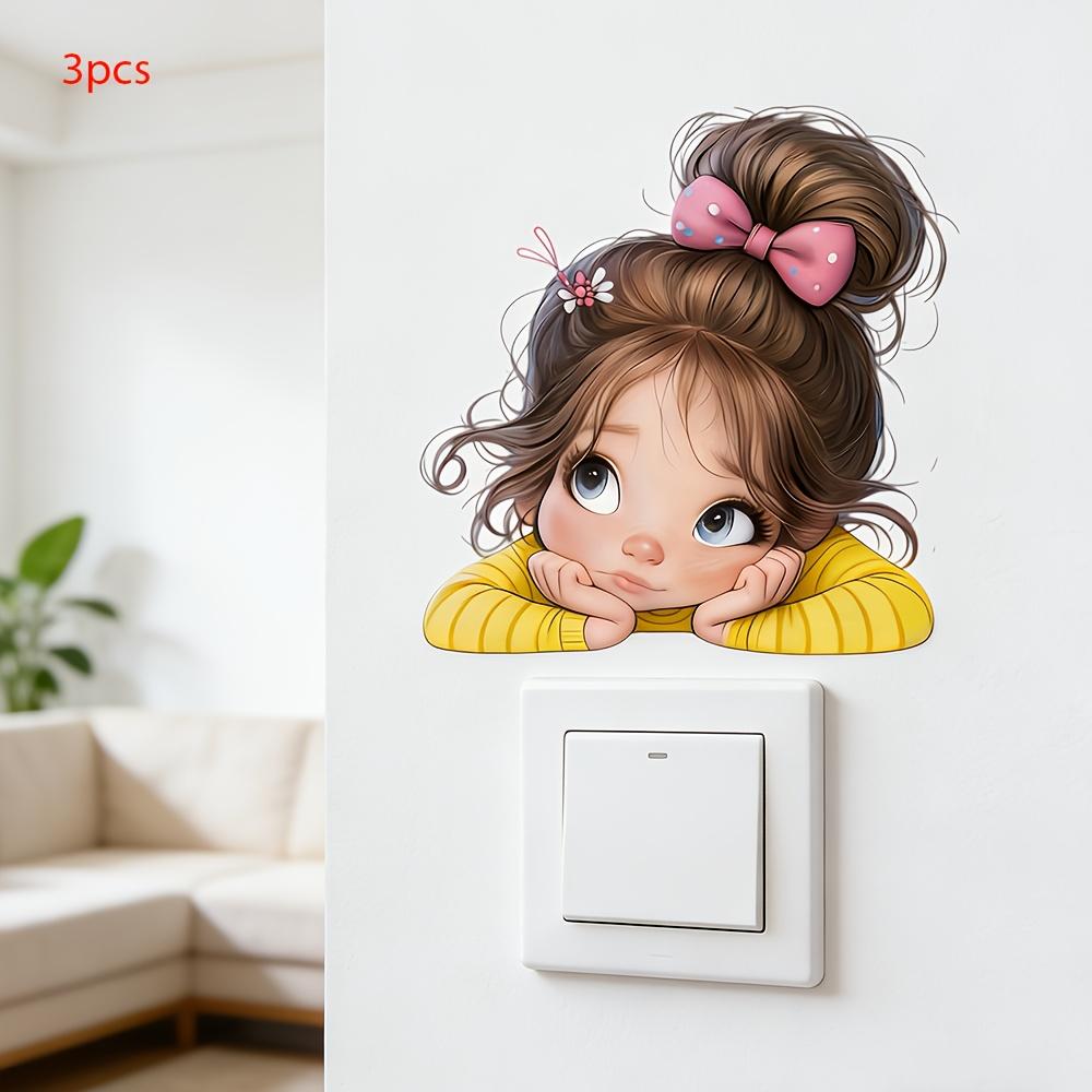 3Pcs Cartoon Girl Switch Stickers, Self-Adhesive PVC Wall Decals for Home & Office Decor