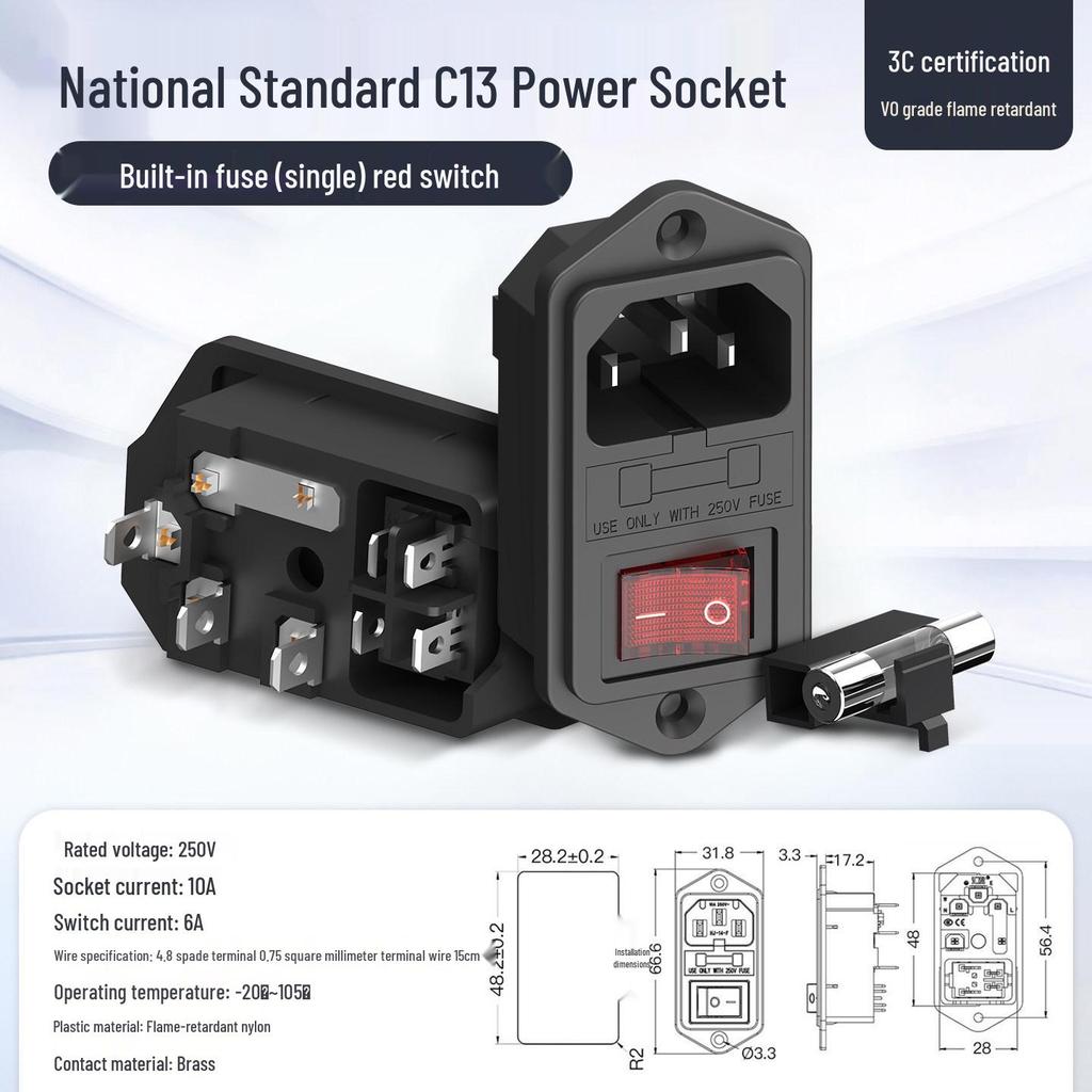 3-in-1 Type C Power Socket with Fuse, Switch, and 3-Pin Convex Surface, 10A/250V