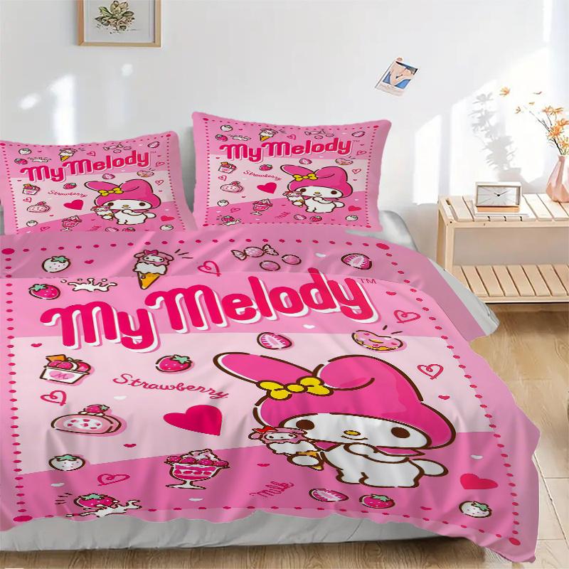 

3pcs My Melody Quilt Set Cartoon Themed Bed Quilt Set Lovely Character Bedroom Decor Bed Quilt Set Four Seasons (1 Cover + 2Pillowcase NO Comfort 135x200cm
