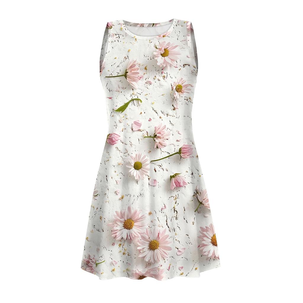 Women's Summer Casual Round Neck Printed Dress Sleeveless Dress With Pockets