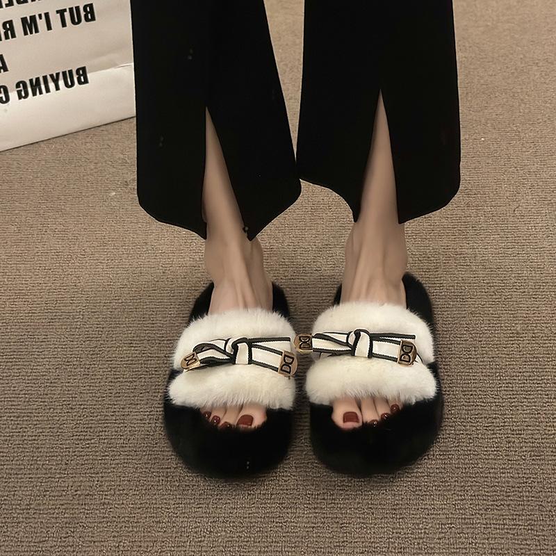 Open slippers women's autumn and winter 2025 new fashion versatile outer wear Mao Mao cotton slippers winter thick bottom home non-slip