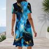 Women Plus Size Round Neck Short Sleeve Marble Printed Blue A Line Midi Dress