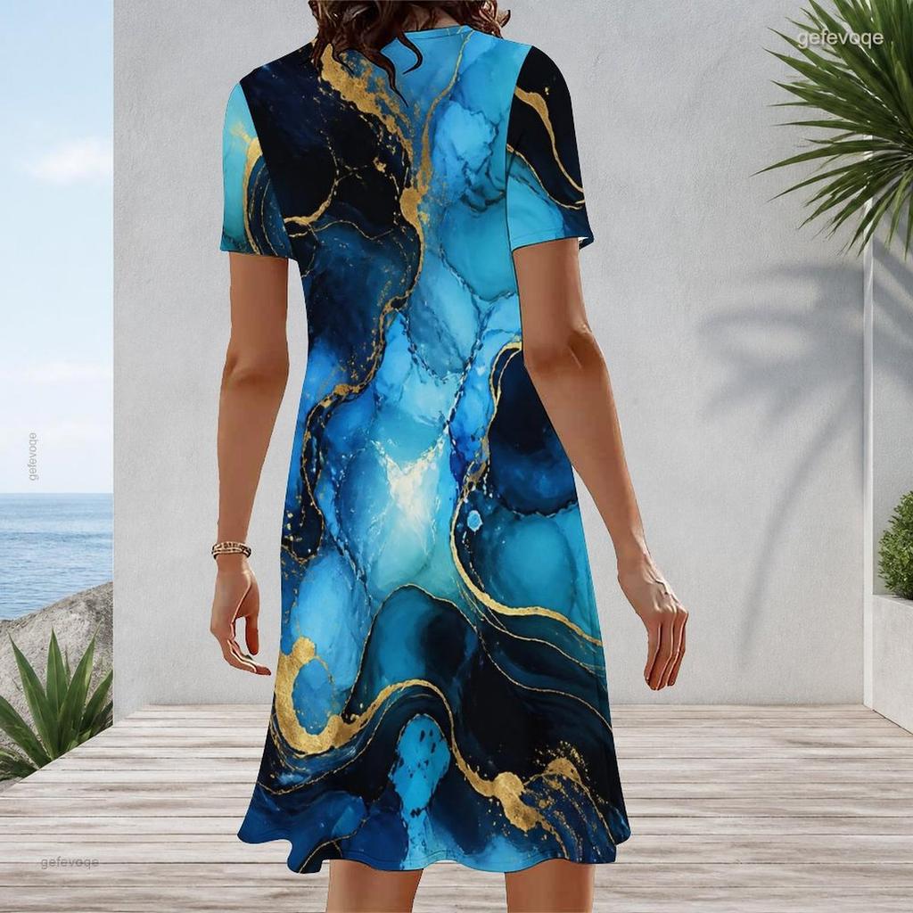 Women Plus Size Round Neck Short Sleeve Marble Printed Blue A Line Midi Dress
