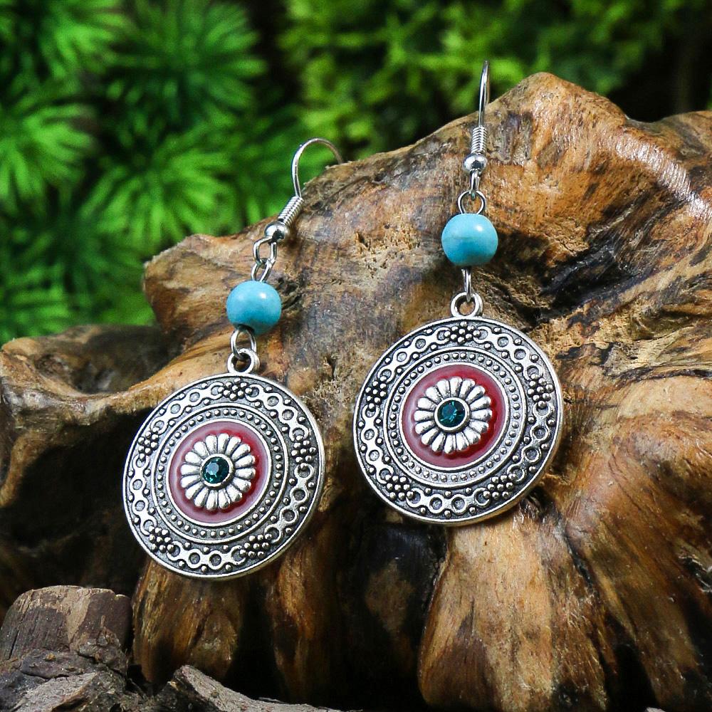 Bohemian Fashion Earrings Alloy Oil Drop Vintage Geometric Round Turquoise Inlaid Exquisite Dot Zircon Ear Zircon Wholesale