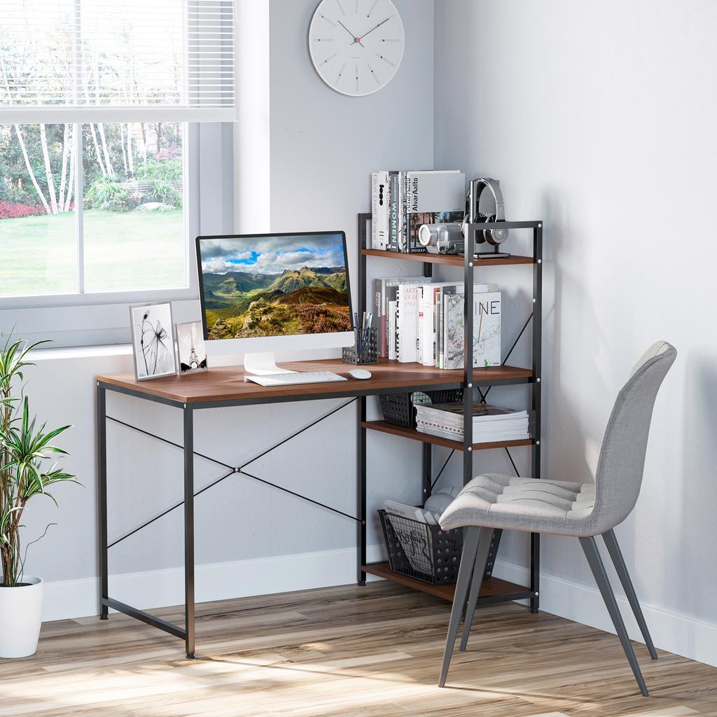 Corner Desk with Storage Industrial Design with Bookcase 3 Shelves Particle Board Walnut Look