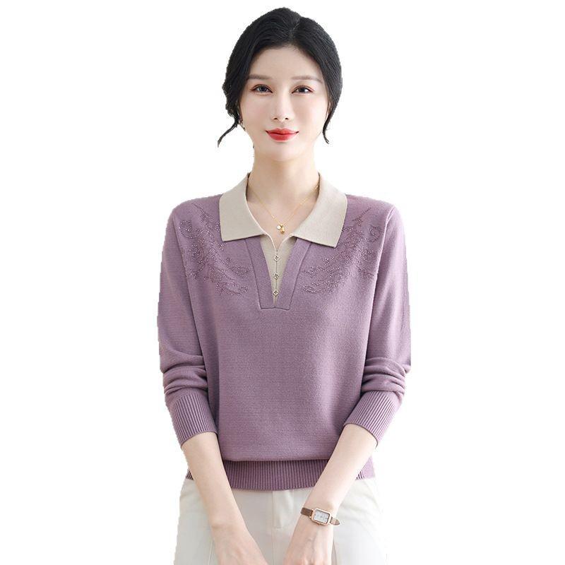 Spring Knitted Top for Middle-Aged & Elderly Women - Turn-Down Collar Loose Pullover Sweater, Casual & Versatile 50s/60s Style