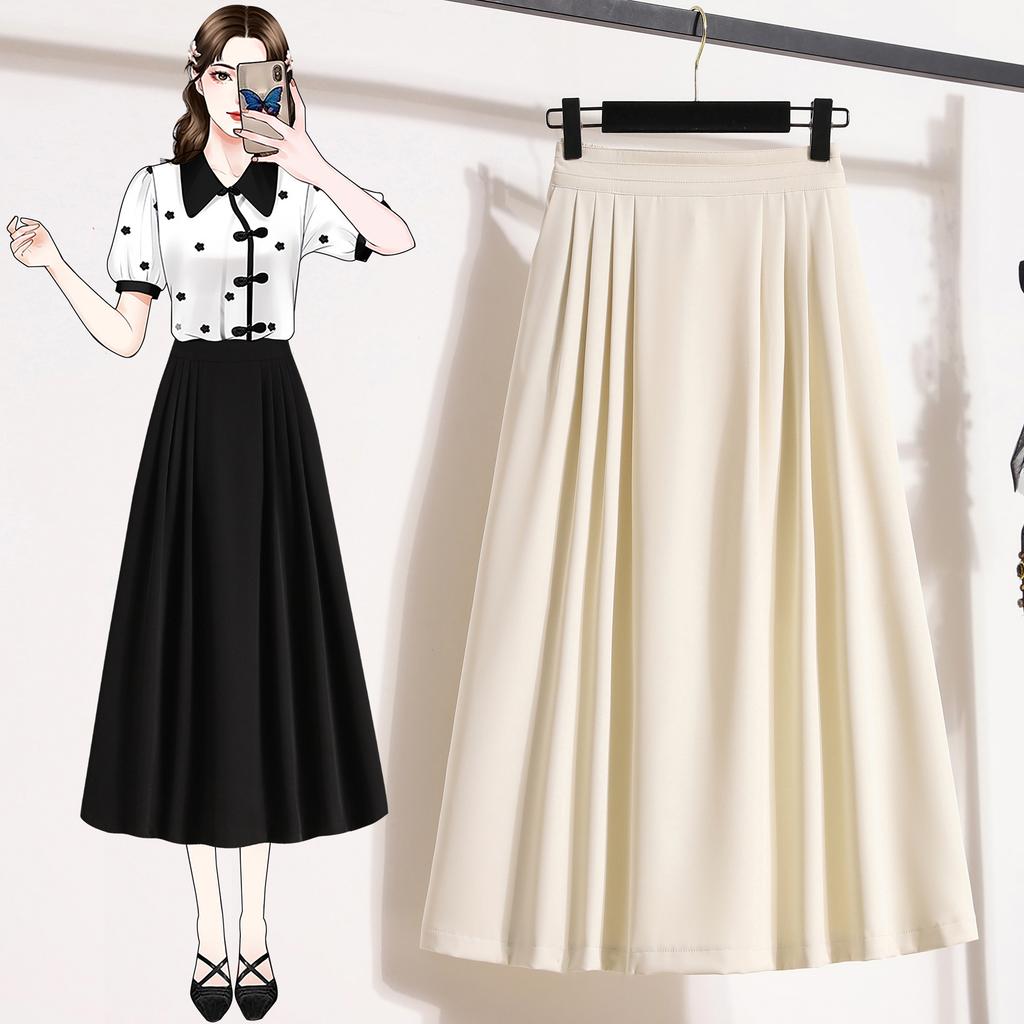DIMANAF 2025 Plus Size Summer Elastic Skirts High Waist Casual Women Loose Long Skirt Pleated Fashion Vintage Maxi