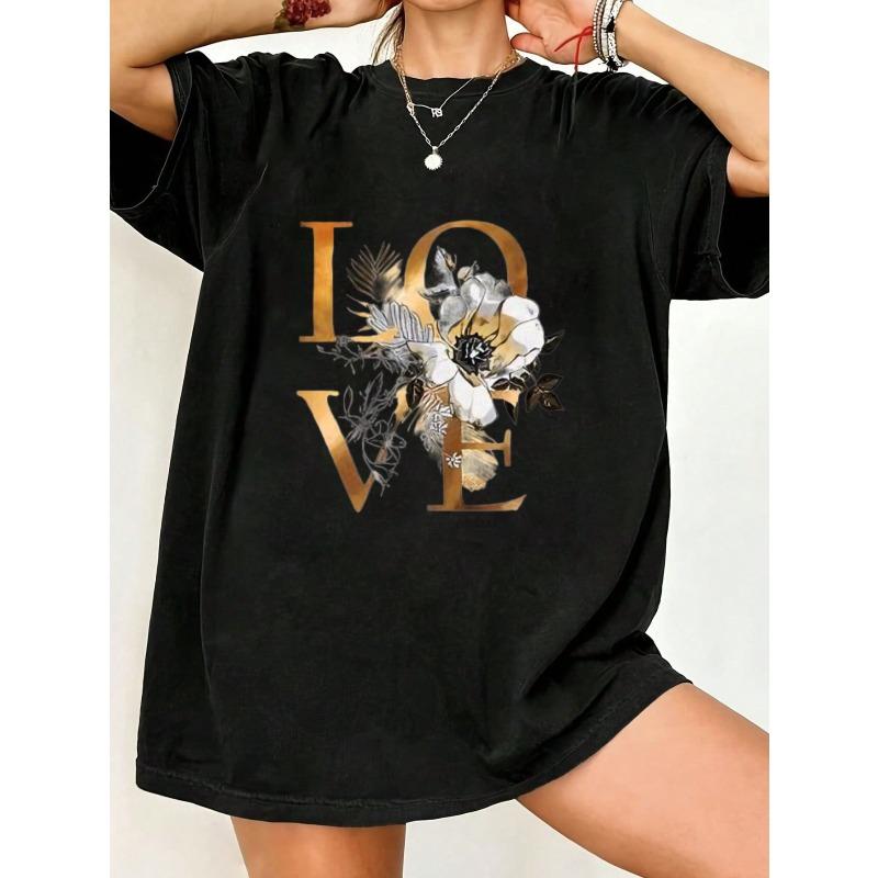 

Black Oversized T Shirt Love Floral Print Graphic Tee For Casual Wear And Everyday Outfits XXXXL чорний