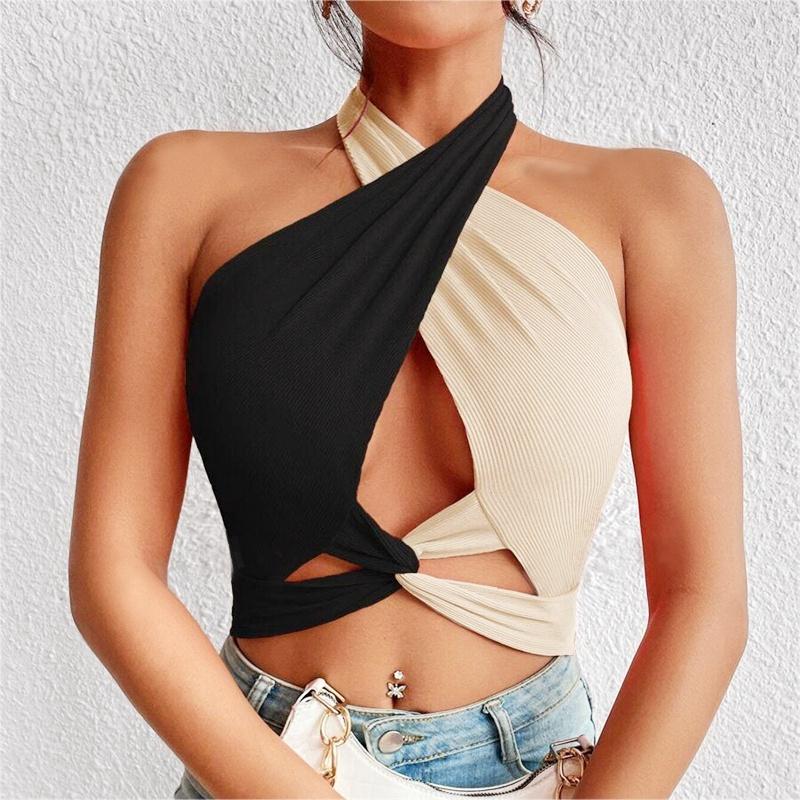 Women Summer Tank Tops Knit Sexy Black White Cross Halter Neck Push Up Hollow Crop Tops High Street Wear 2025 New Fashion