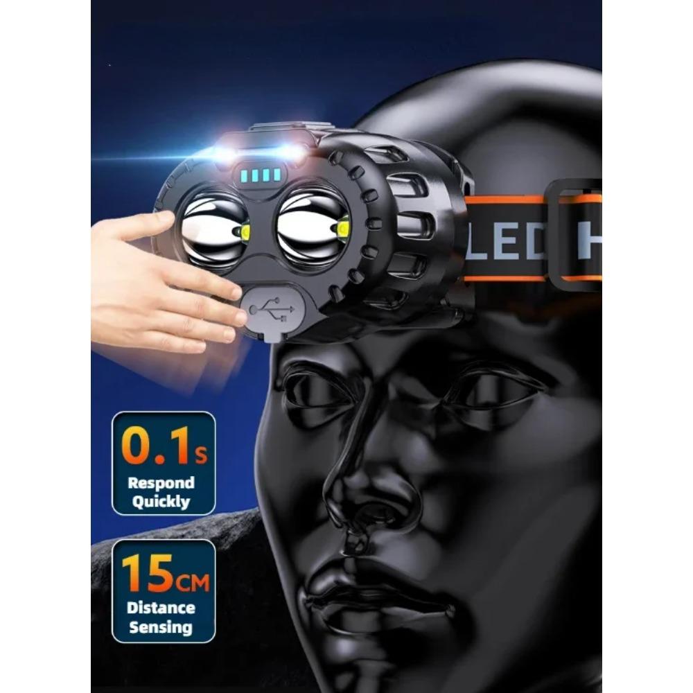Dual Lamp Core nductionPowerful LED Headlight  90° Adjustment USB Charging Portable Emergency High Brightness Head Flashlight Motion Sensor