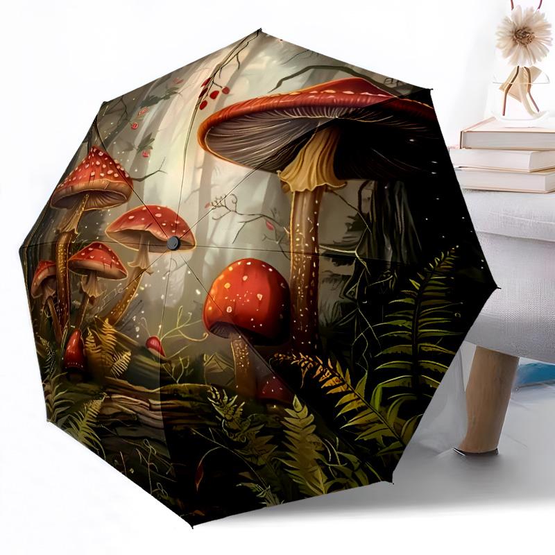 Mystical Forest Mushrooms Compact Travel Automatic Umbrella Compact 8-Rib Design Durable Plastic & Iron Travel Essential Elegant Umbrella