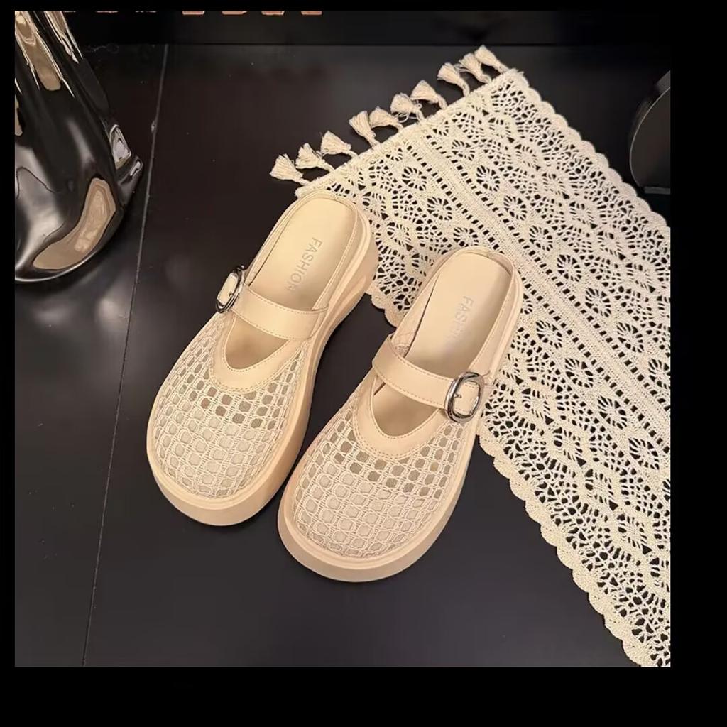 Dámské pantofle s tlustou podrážkou a kulatou špičkou, 2025 nová letní móda pro venkovní nošení, tkané, duté, prodyšné polopantofle na jeden pedál