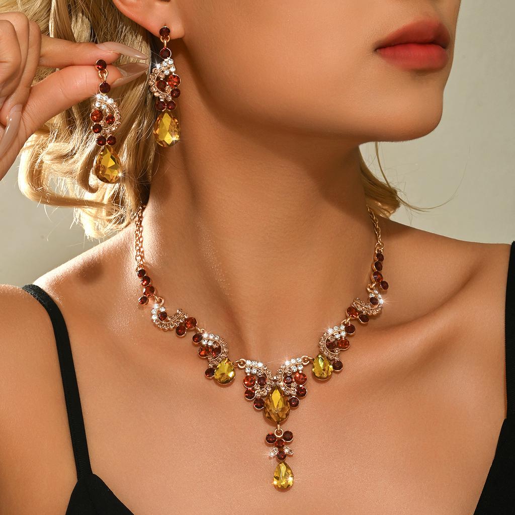 Cross border retro style creative fashion luxury diamond inlaid flower leaf multi-color necklace earring set for women