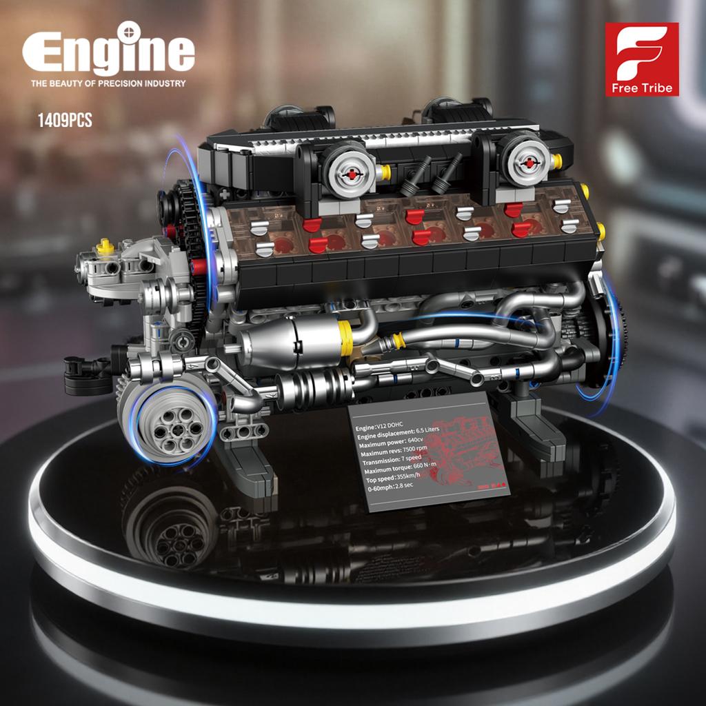 Non-Toxic 1409Pcs V12 Engine Building Blocks Sports Car Engine Model Desktop Ornaments Technology Bricks Children'S Diy Toys Holiday Gifts
