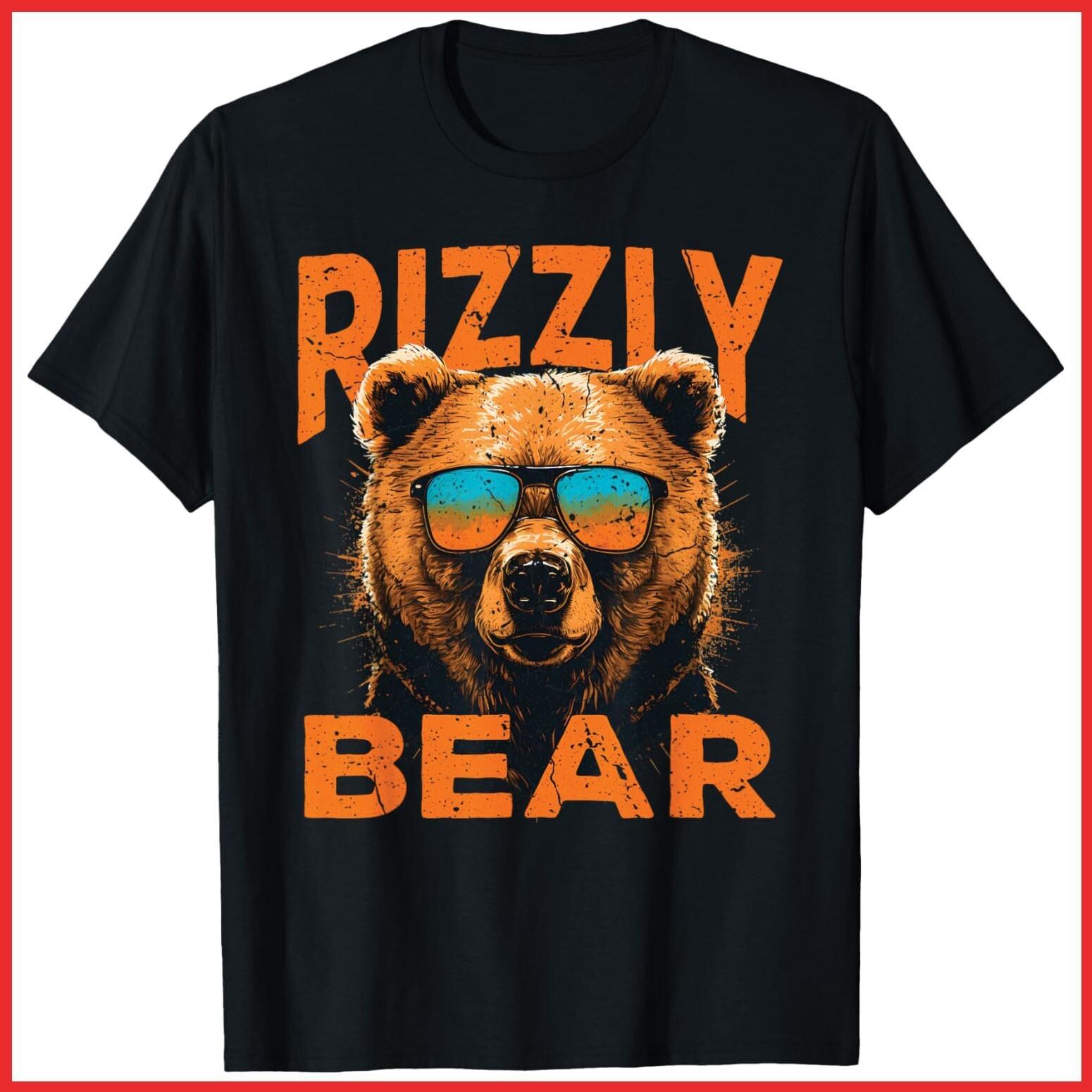 Rizzly Bear Cool Grizzly Bear Wearing Sunglasses Funny Meme Black Cotton T-Shirt XL