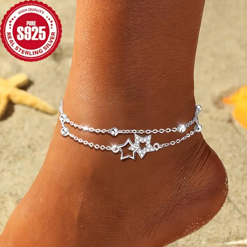 This women s anklet is made of 925 sterling silver and features a design with five round beads. It is stylish and simple with a double-layer [Silver]]