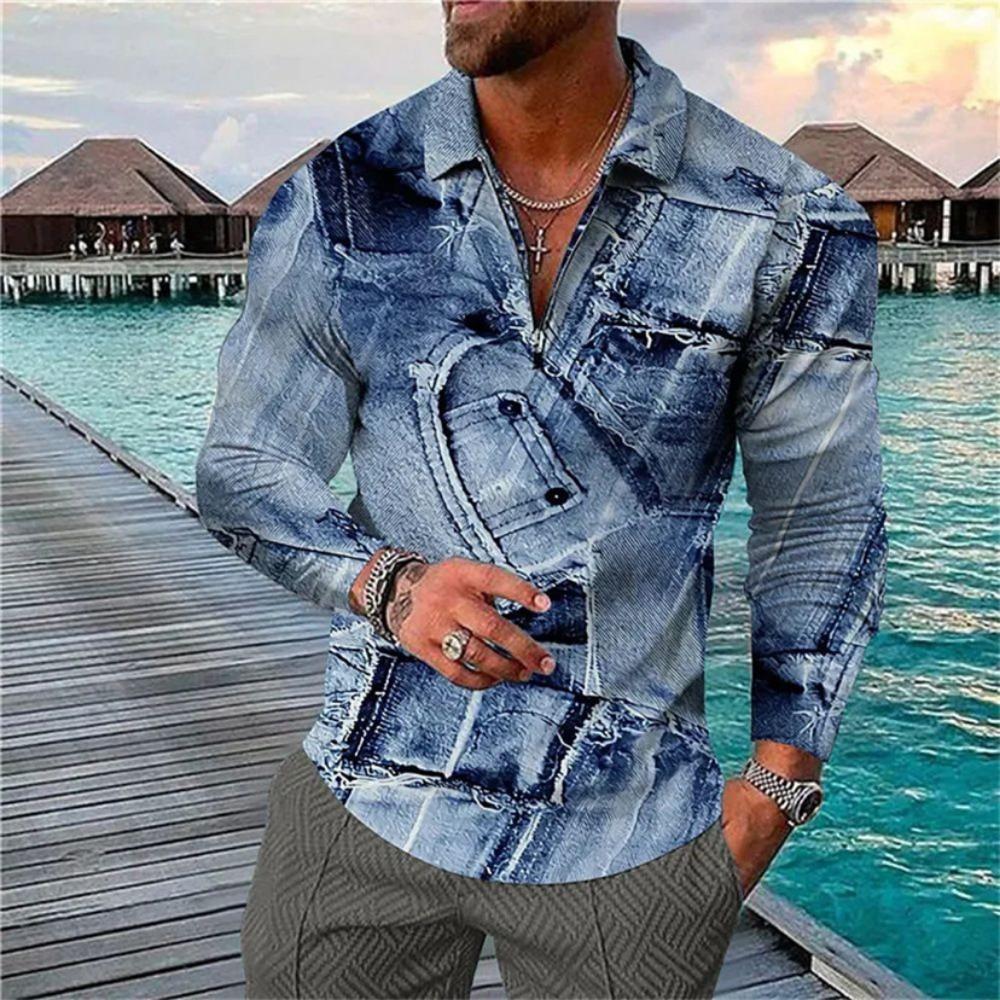 Men's Polo Shirt Autumn and Winter New Digital Printing T-shirt Casual Retro Long-sleeved Sweatshirt