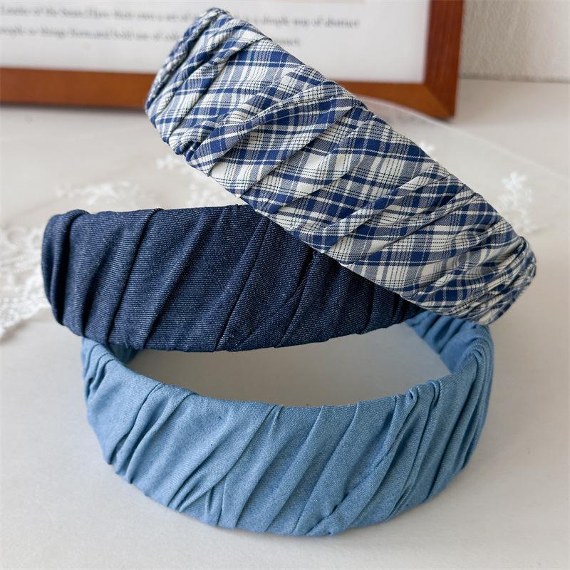 Korean Style Blue Denim Wide Twill Headband – High Skull Top Face-Washing Hair Accessory