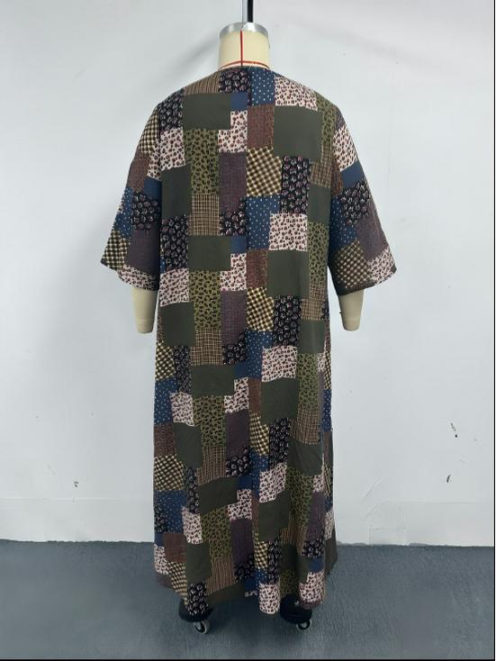 Plus Size V-Neck Floral Patchwork Dress - Women's Middle Eastern Style, Loose Fit, Three-Quarter Sleeve, Casual Vacation Wear
