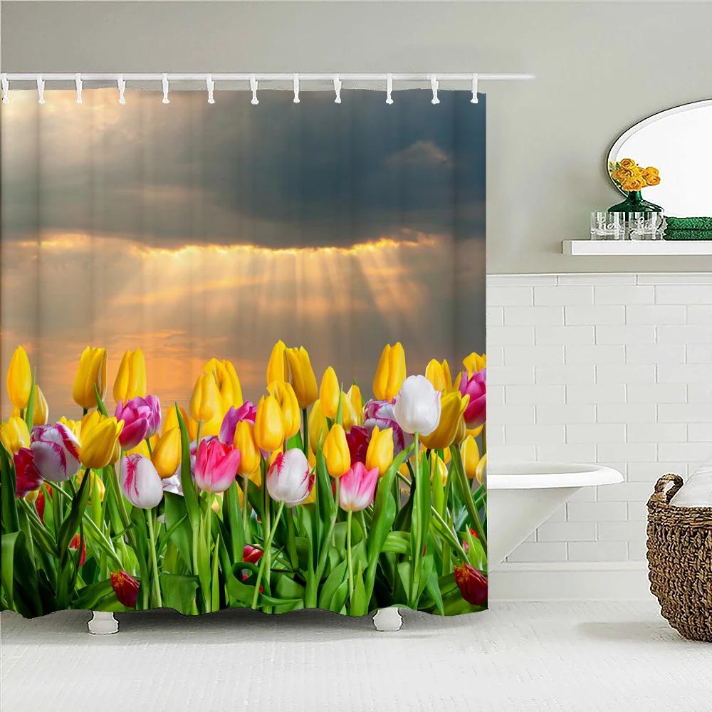 Colorful Tulip Flowers Shower Curtains 3D Beautiful Flower Print Bath Curtain Waterproof Fabric With Hooks Bathroom Decoration